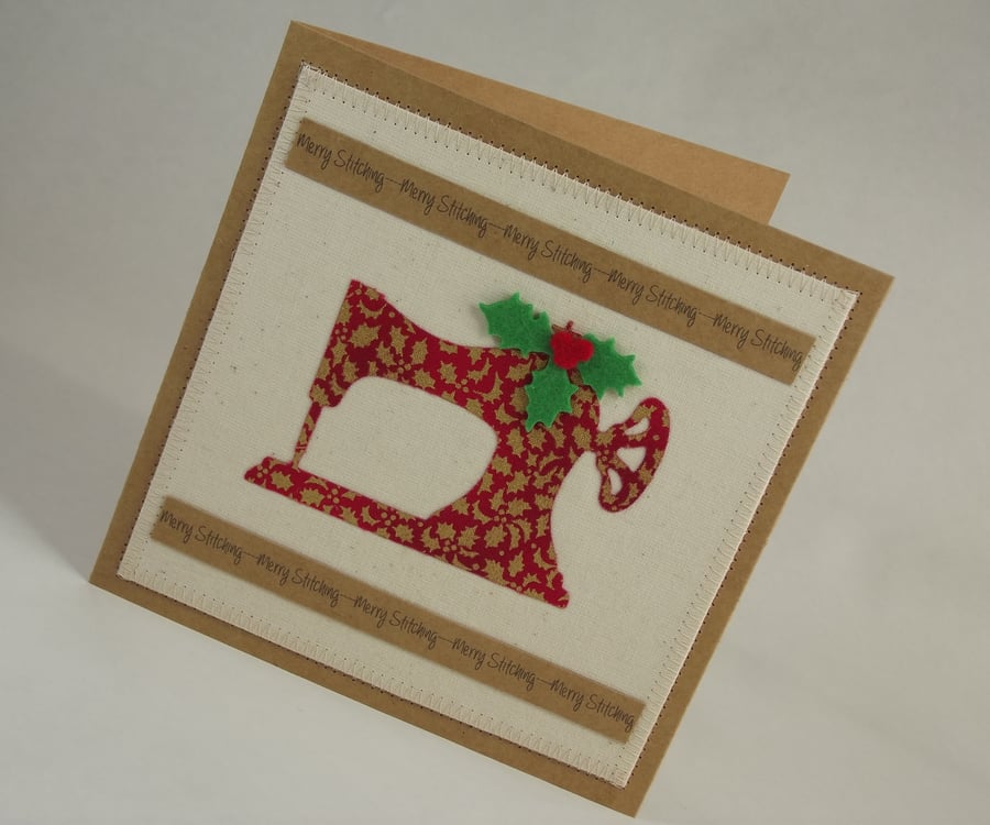 Merry Stitching Fabric Christmas Greetings Card