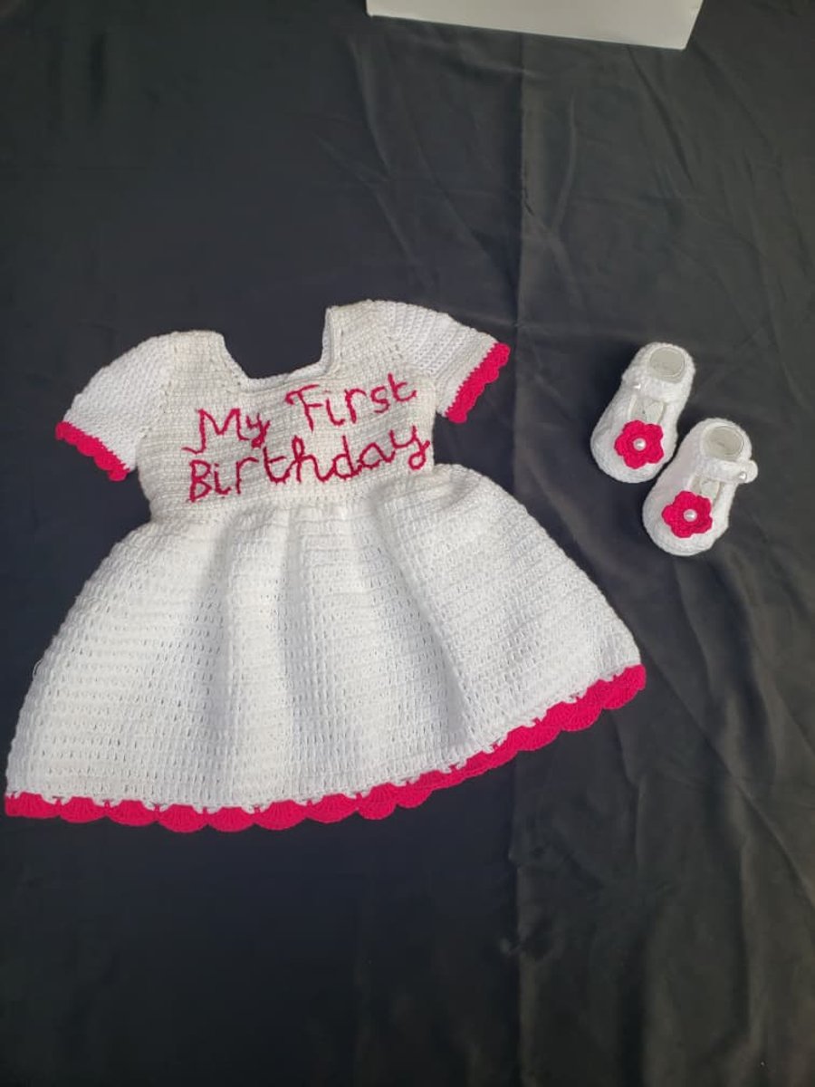 My First Birthday” Crochet Baby Dress Set – White & Red