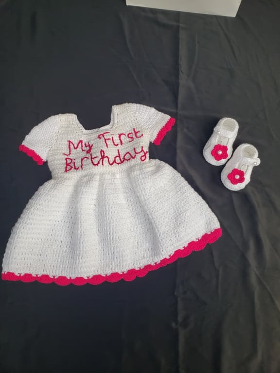 My First Birthday” Crochet Baby Dress Set – White & Red