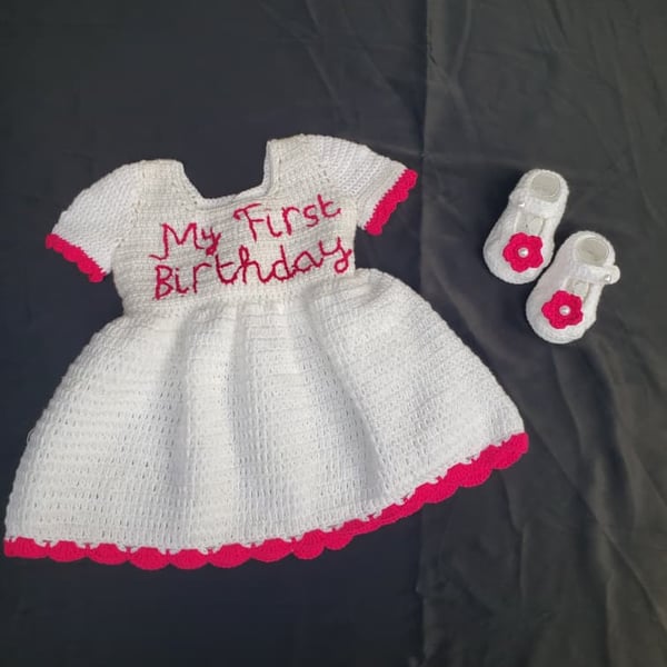 My First Birthday” Crochet Baby Dress Set – White & Red