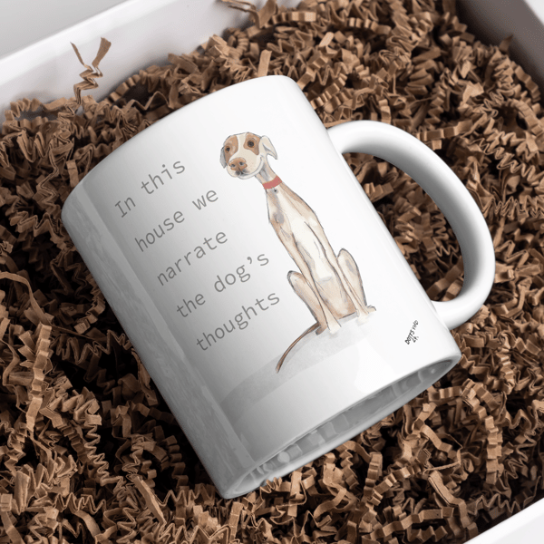 Coffee mug, tea cup with cute dog illustration and funny saying - white ceramic 