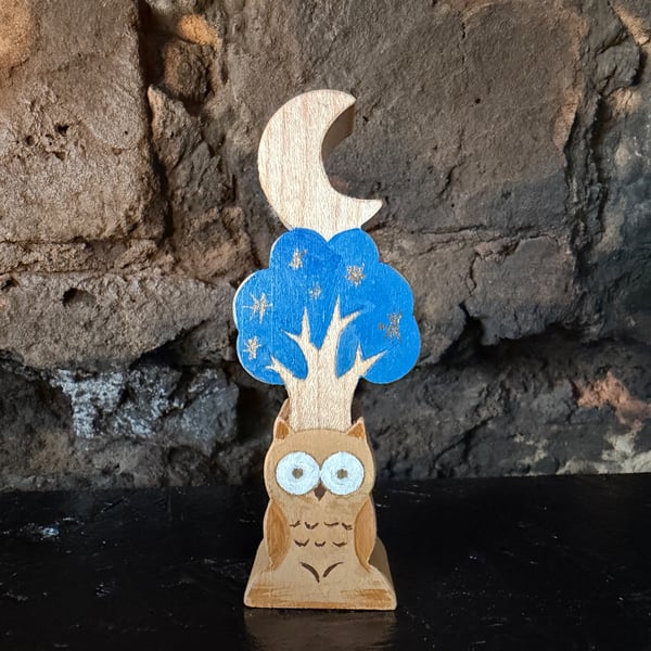 Moonlit Owl Tree - Hand Painted Maple Wood Shelf Ornament - Folk Art Woodland
