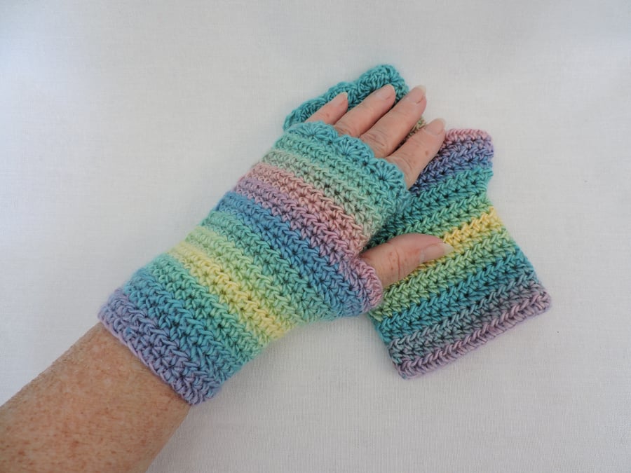Crocheted Fingerless Mitts Pastel Stripes  Seconds Sunday Sale