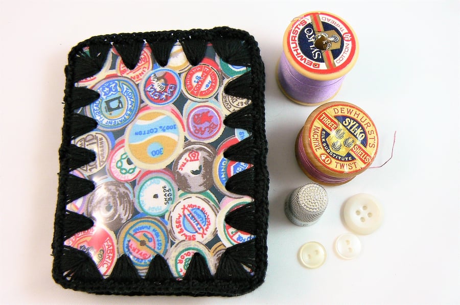 Needle case ( Cotton reel print with  crochet edging ) with wipe clean cover