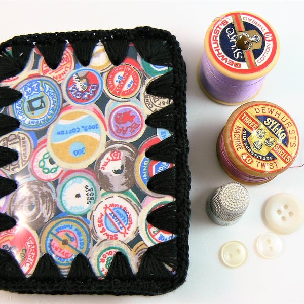 Needle case ( Cotton reel print with  crochet edging ) with wipe clean cover