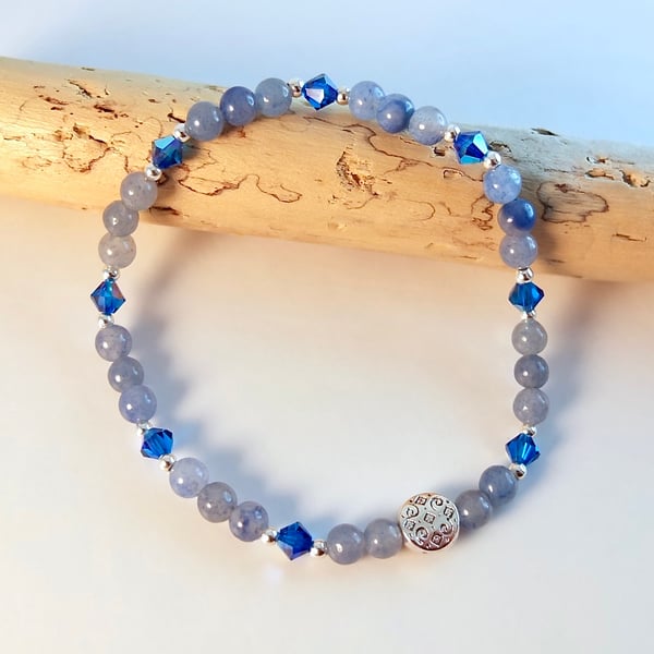 Blue Aventurine Bracelet With Swarovski Crystals - Handmade In Devon