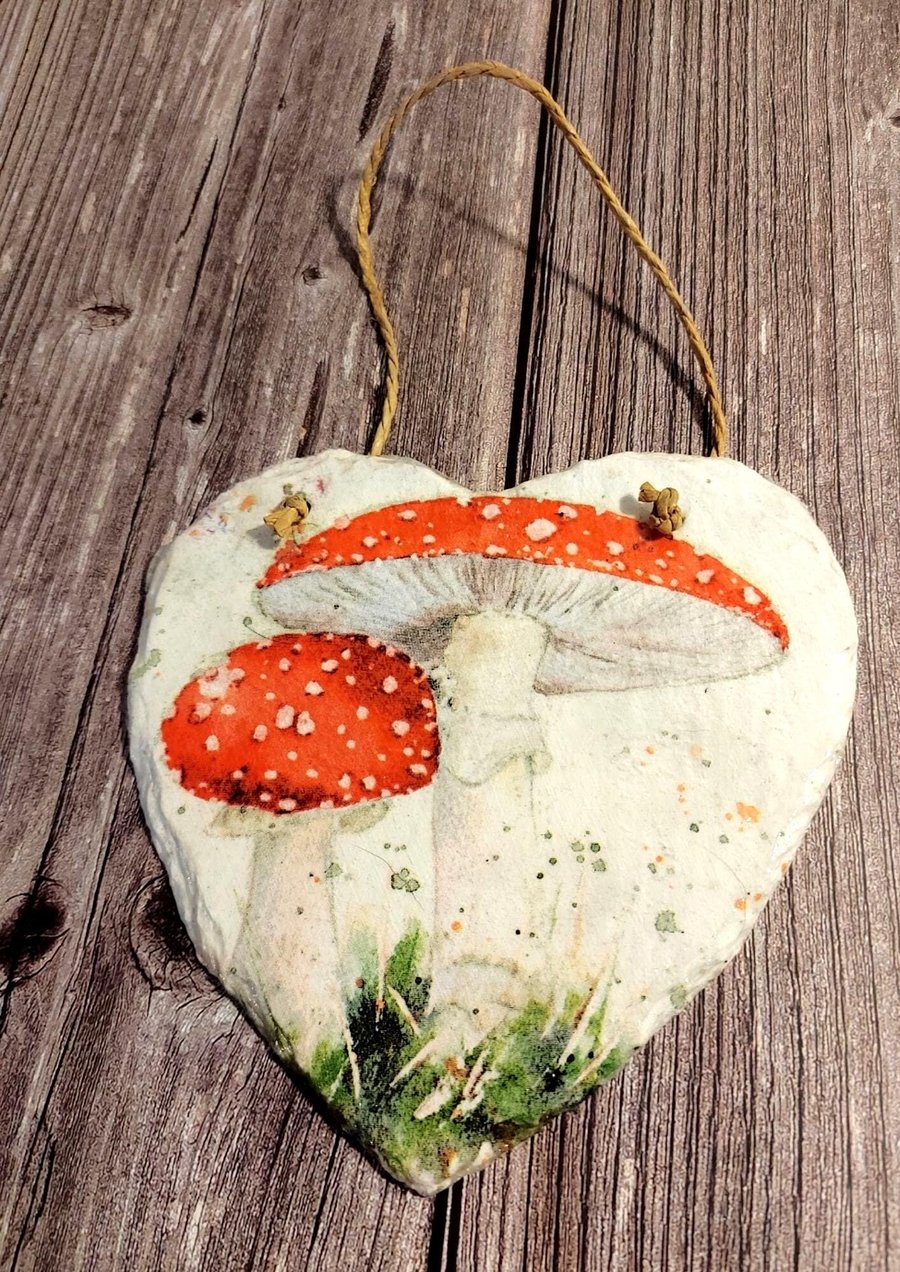 Autumn Toadstools Large Hand Painted Decoupaged Slate Heart