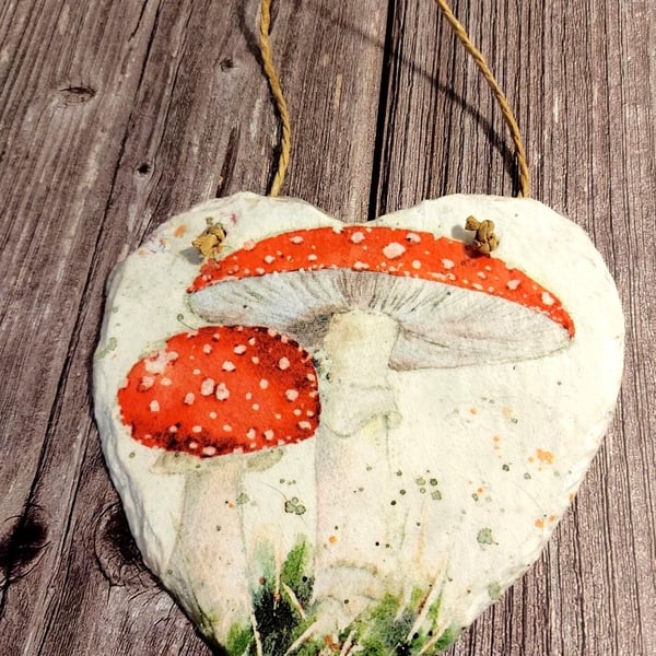 Autumn Toadstools Large Hand Painted Decoupaged Slate Heart