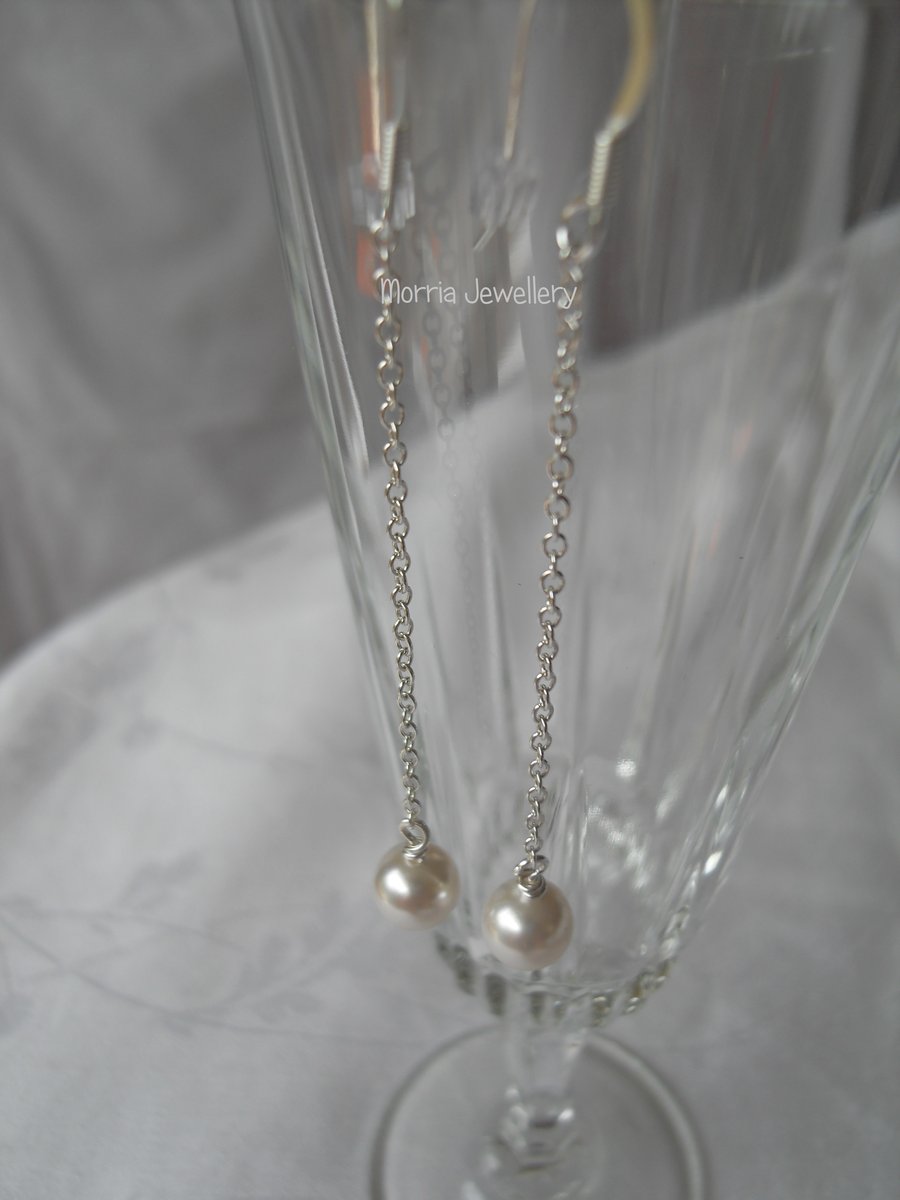 Pearl on Sterling Silver Chain Long Drop Earrings