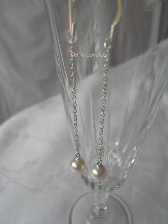 Pearl on Sterling Silver Chain Long Drop Earrings