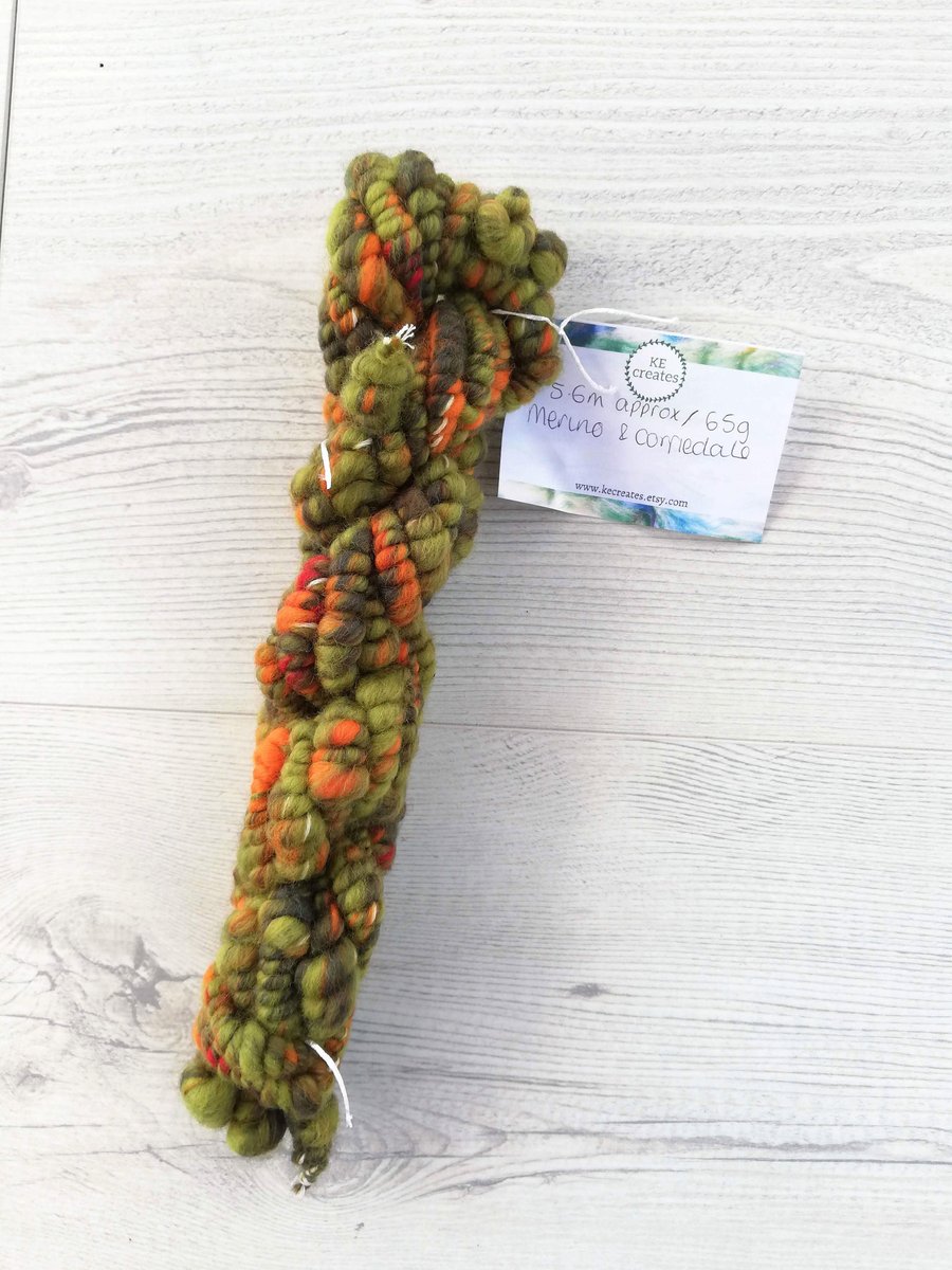 Forest Campfire Green and Orange Bubble Spun Yarn Handspun on Drop Spindle