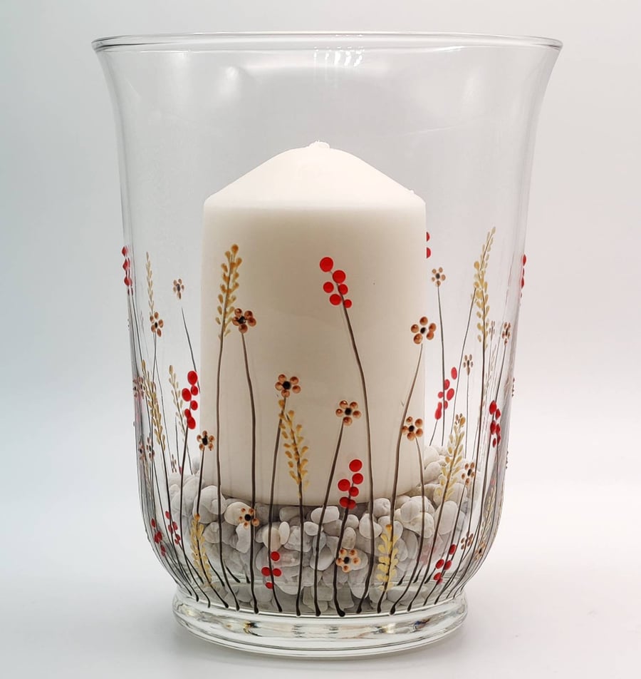 Hand-painted 'Autumn meadow' Glass Vase Candle Holder
