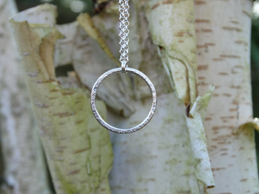 20mm hoop pendant in Eco Silver with frost texture - fully hallmarked