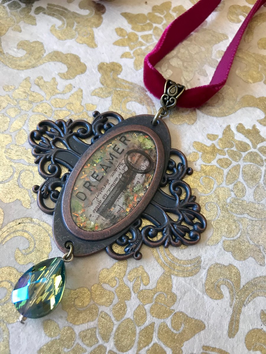 Ornate Bookplate Victorian Style Key Dreamer Pendant