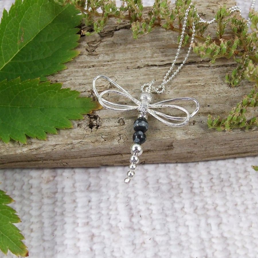 Silver Dragonfly Necklace with Snowflake Obsidian