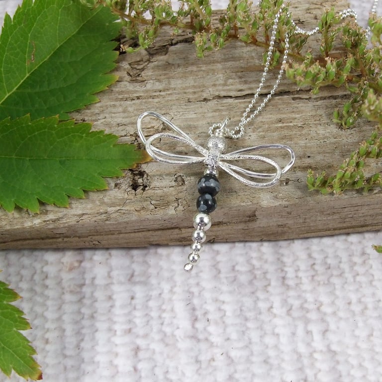 Silver Dragonfly Necklace with Snowflake Obsidian