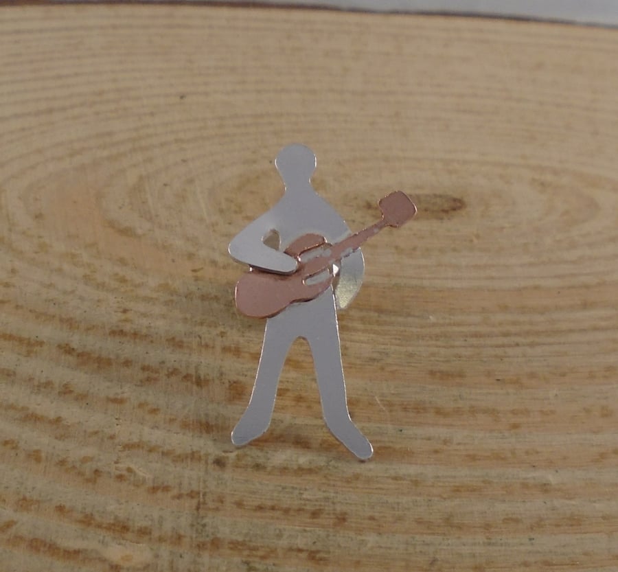 Sterling Silver and Copper Guitarist Pin Brooch