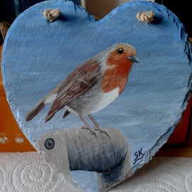 ROBIN - Hand Painted Heart Shaped Slate Wall Plaque. Painted to order