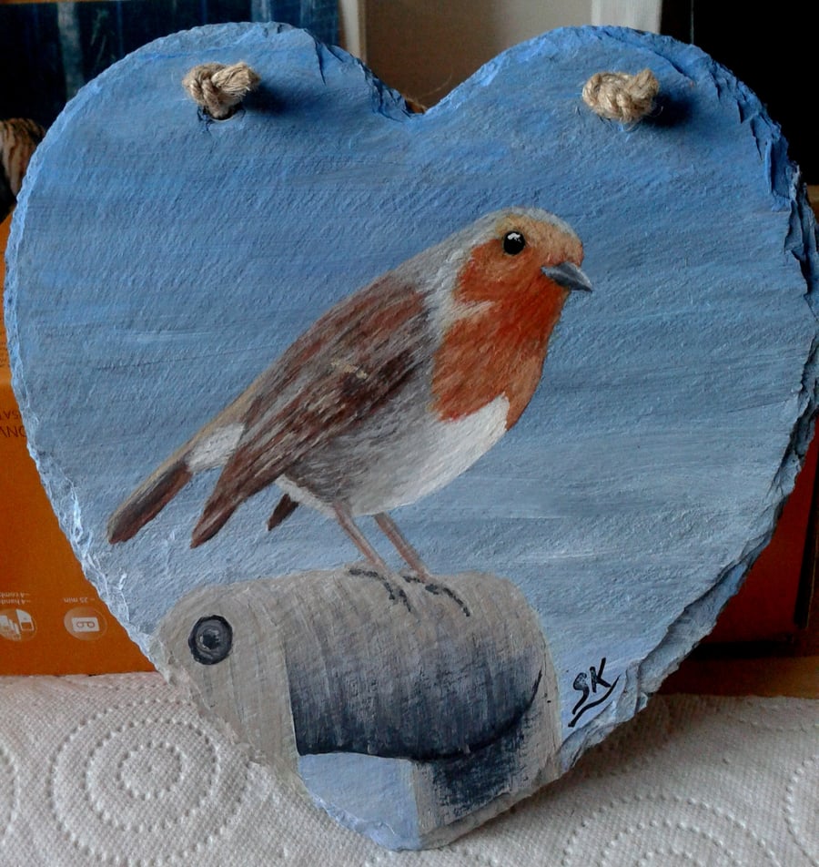 ROBIN - Hand Painted Heart Shaped Slate Wall Plaque. Painted to order