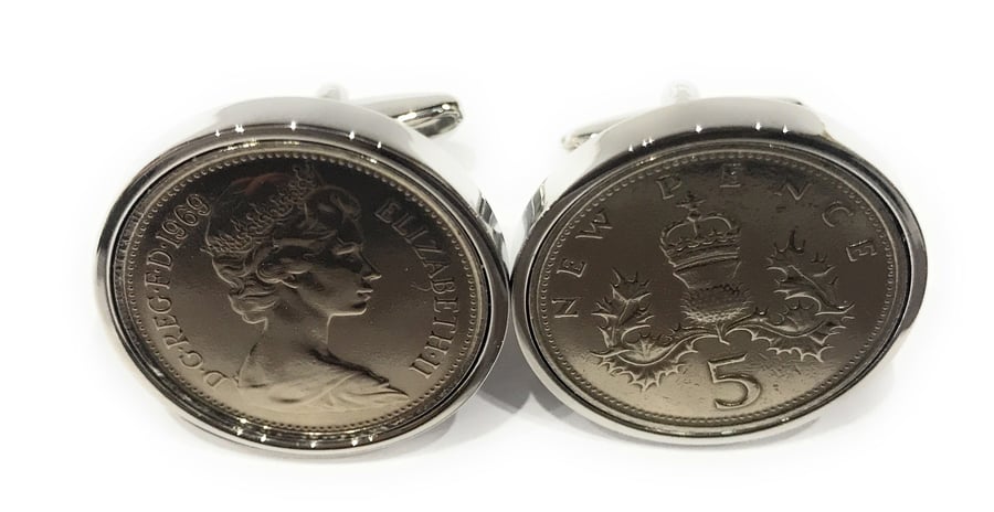 1980 40th Birthday Anniversary Old Large English 5p coin cufflinks, Five Pence 