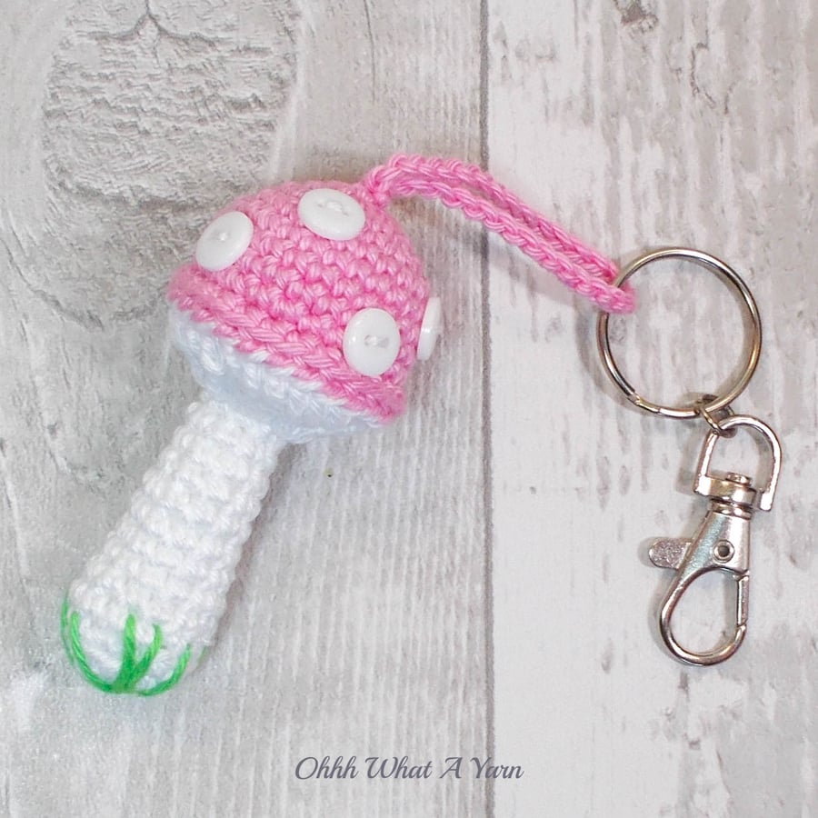 Crochet pink toadstool, mushroom decoration, bag charm. Toadstool keyring.