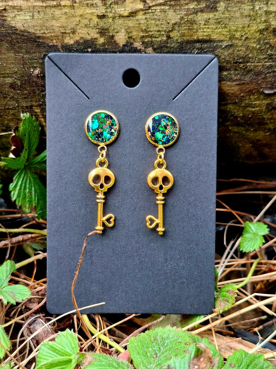 Gothic golden glitter skulls key stud earrings alternative gifts 