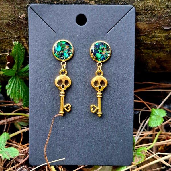 Gothic golden glitter skulls key stud earrings alternative gifts 