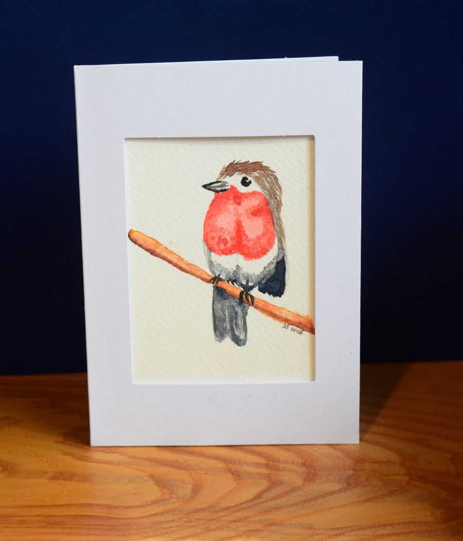 Robin sitting on a plain branch - hand painted watercolour greeting card