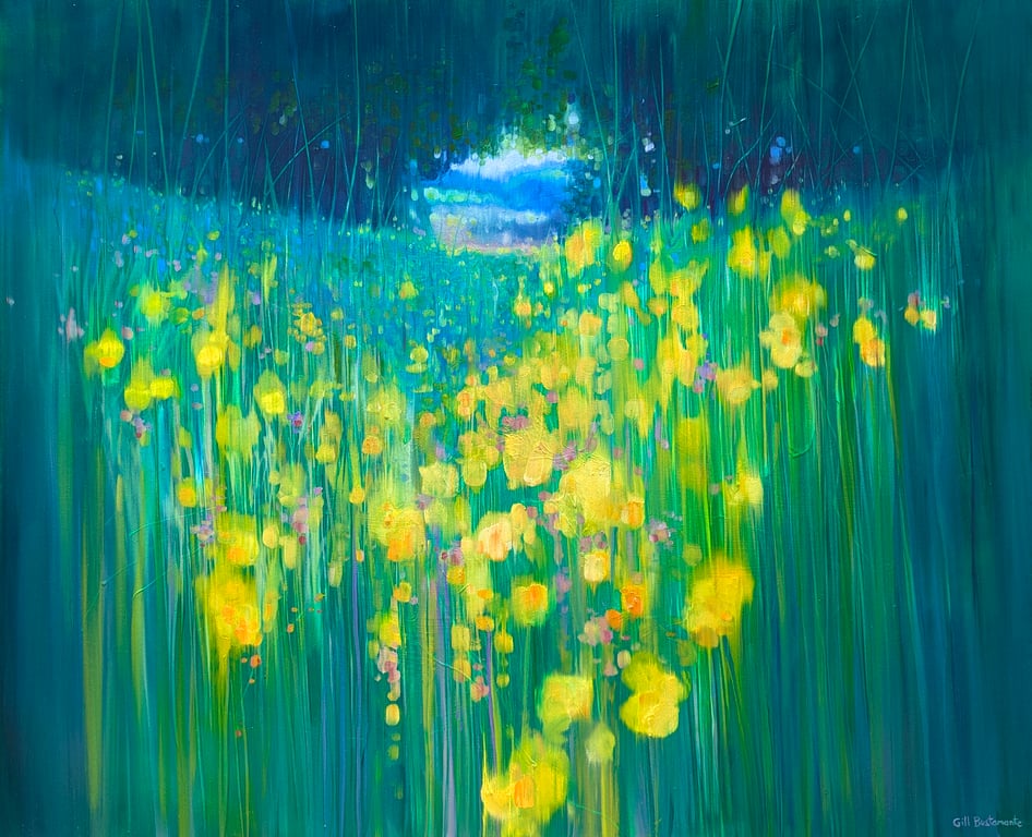 The Field Beyond is a semi-abstract yellow and green April meadow landscape 