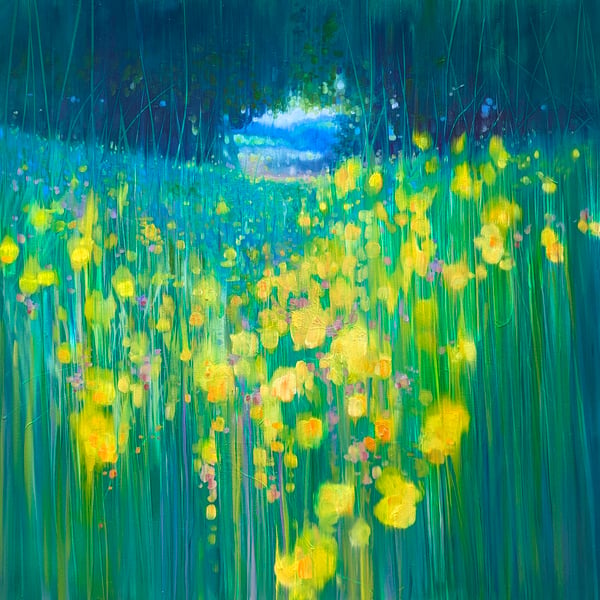 The Field Beyond is a semi-abstract yellow and green April meadow landscape 