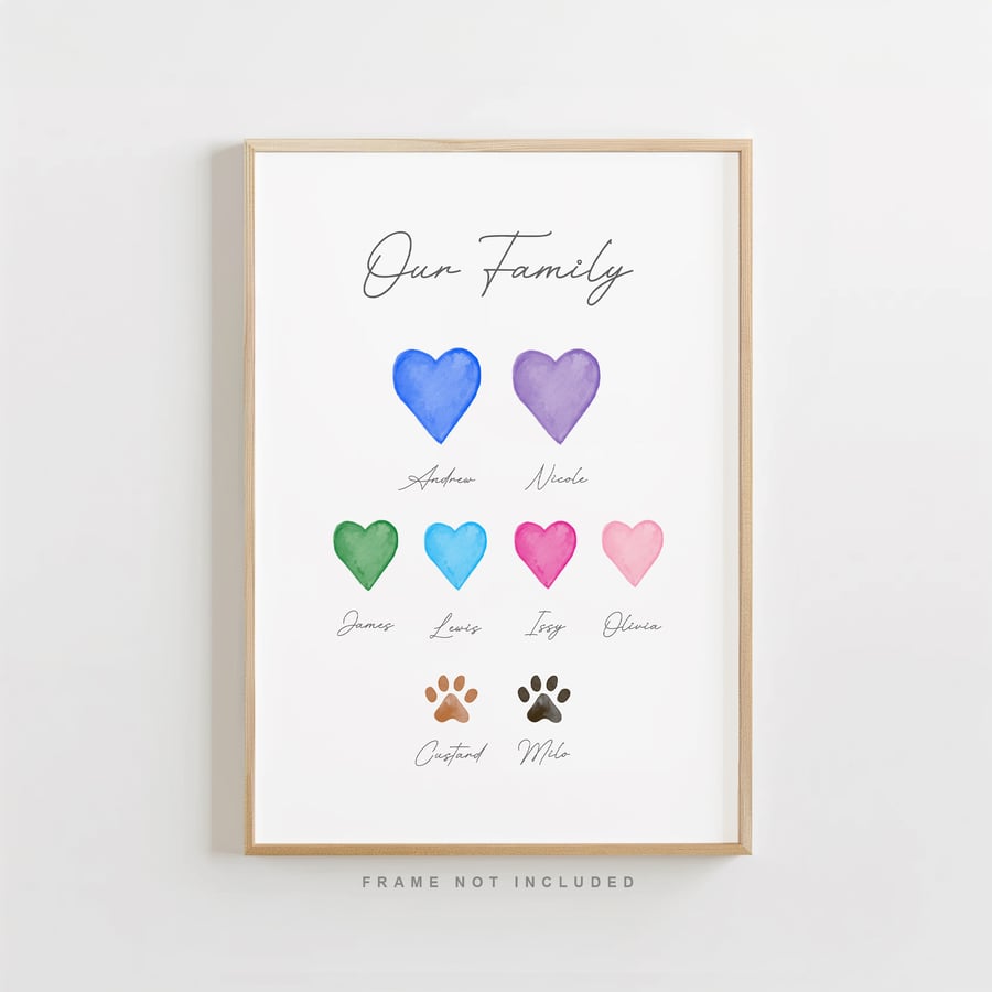 Personalised Our Family Print - Custom hearts and pawprints with names