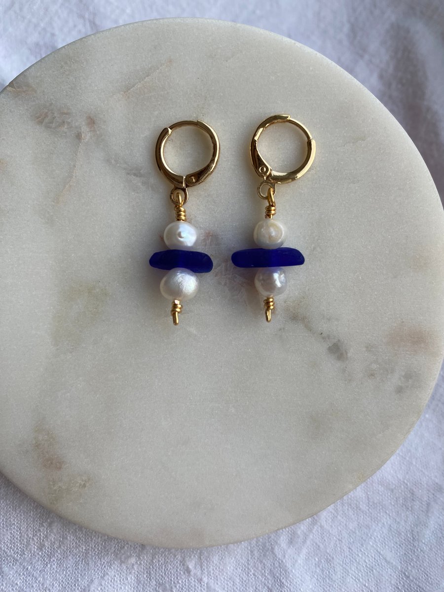 Blue Sea Glass Earrings, Gold Huggies with Freshwater Pearls