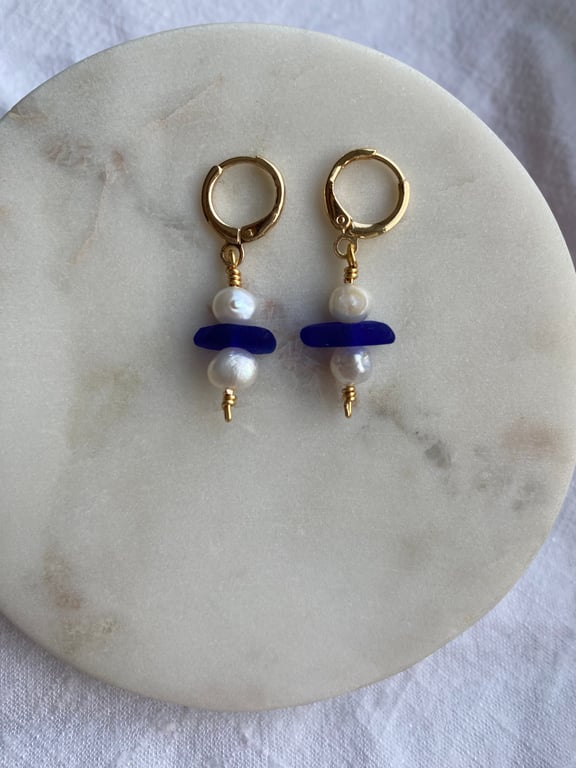 Blue Sea Glass Earrings, Gold Huggies with Freshwater Pearls