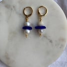 Blue Sea Glass Earrings, Gold Huggies with Freshwater Pearls