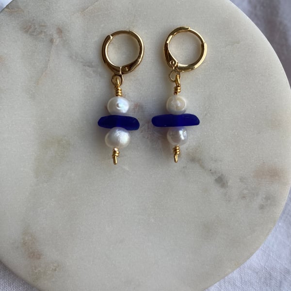Blue Sea Glass Earrings, Gold Huggies with Freshwater Pearls