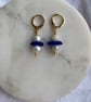 Blue Sea Glass Earrings, Gold Huggies with Freshwater Pearls