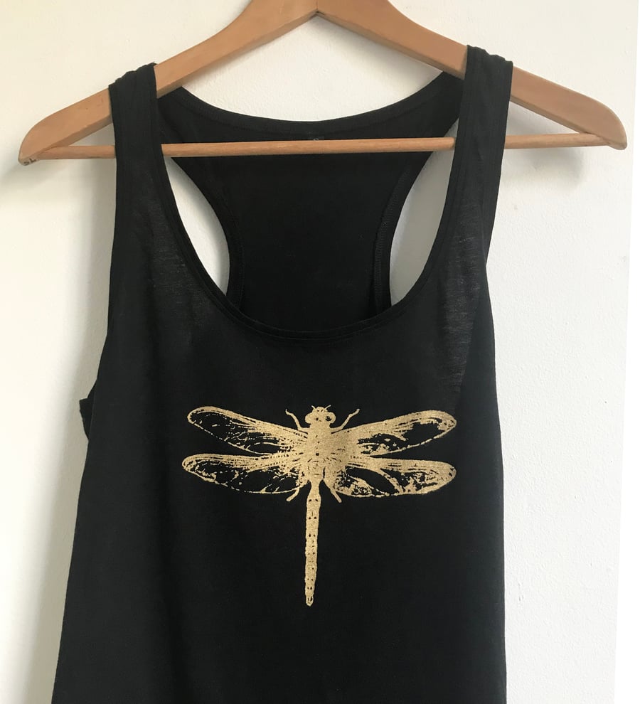 Dragonfly Woman organic cotton racerback vest black with gold print 