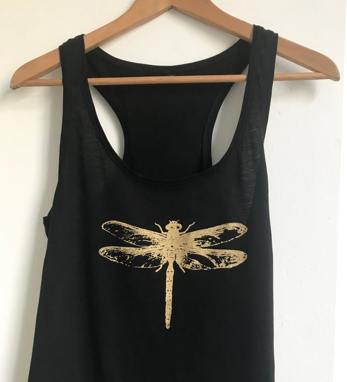 Dragonfly Woman organic cotton racerback vest black with gold print 