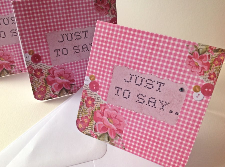Set of Four Notecards,'Gingham & Flowers'Blank Notecards&Envelopes,Hand Finished