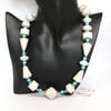 Cream and blue paper beaded necklace inspired by the Mediterranean