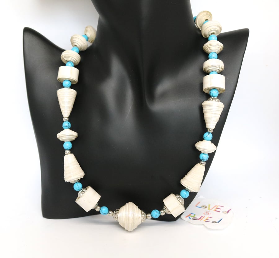 Cream and blue paper beaded necklace inspired by the Mediterranean