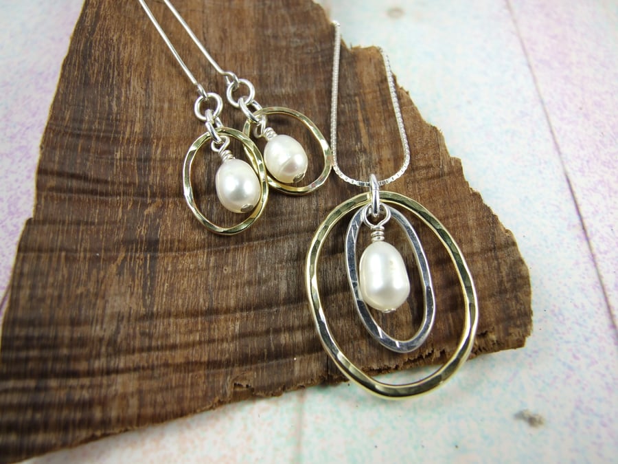 Necklace and Earring Set, Sterling Silver, Brass and White Pearls