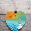 SALE - 10cm Hand Painted Heart, Seascape, Seagull, Bird, Hanging Decoration