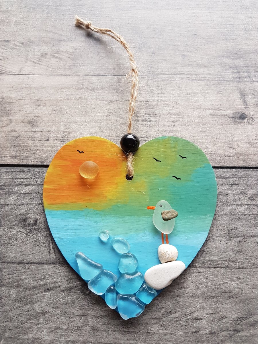 SALE - 10cm Hand Painted Heart, Seascape, Seagull, Bird, Hanging Decoration
