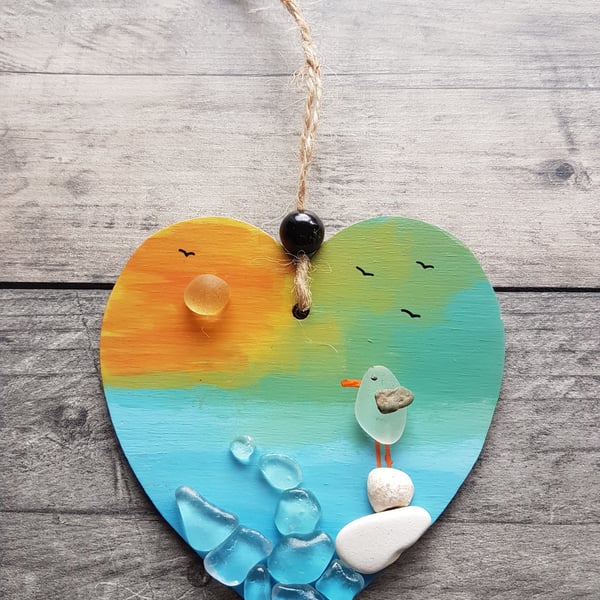 SALE - 10cm Hand Painted Heart, Seascape, Seagull, Bird, Hanging Decoration