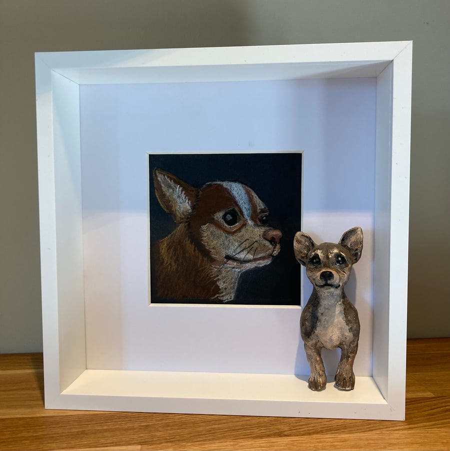 Animal ceramic sculpture and pastel sketch - Framed Miniature 