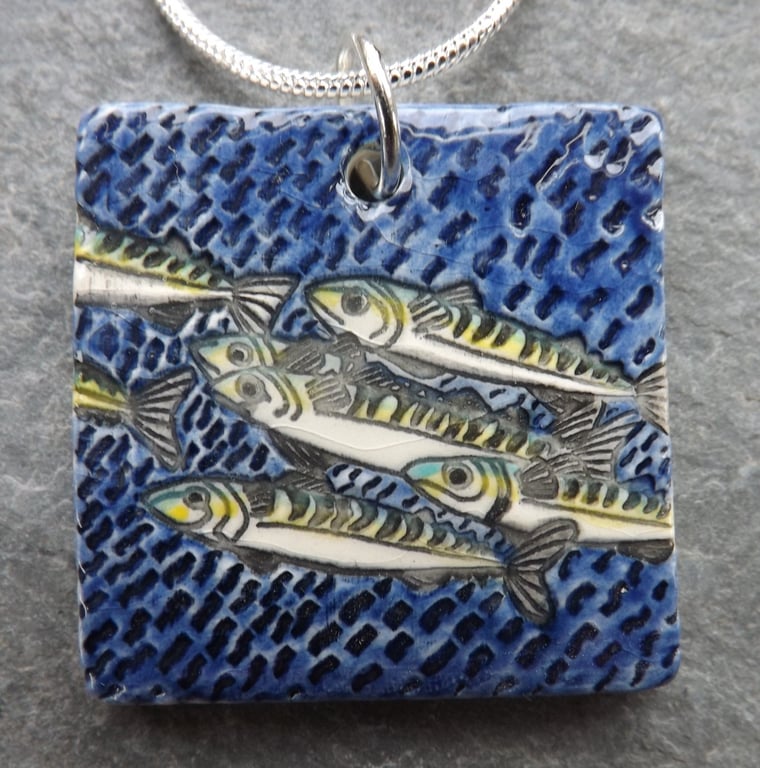 Handmade Ceramic Mackerel Pendant in blue