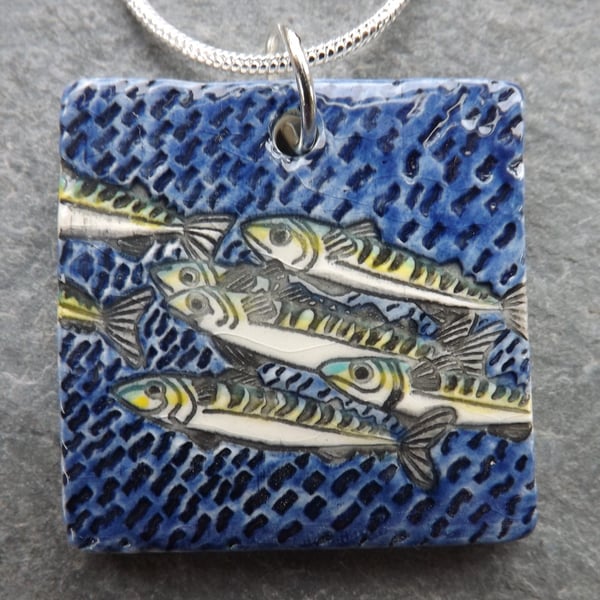 Handmade Ceramic Mackerel Pendant in blue