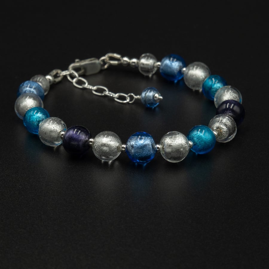 Venetian Murano glass sterling silver blue purple silver bracelet