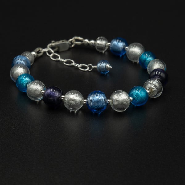 Venetian Murano glass sterling silver blue purple silver bracelet